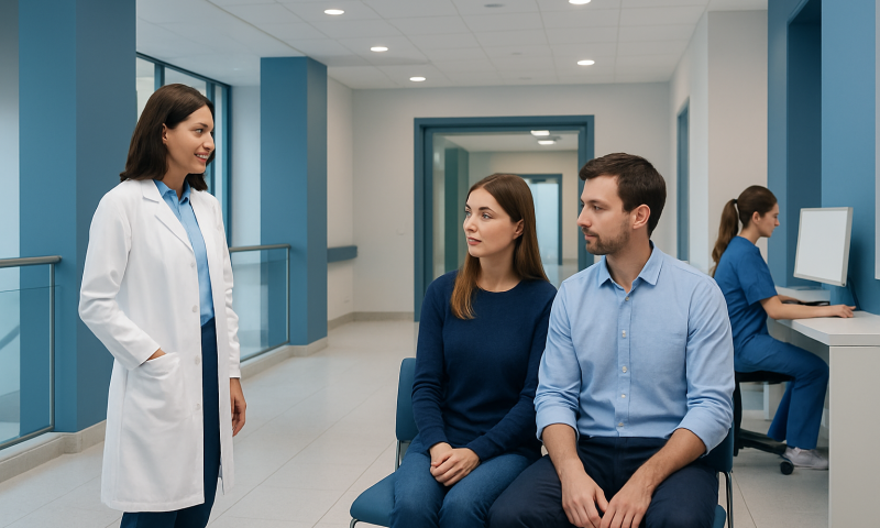 Doctor consulting with patients in a modern hospital corridor.