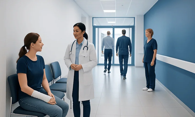 Medical staff and patients in a hospital corridor at Acibadem Hospitals Group.