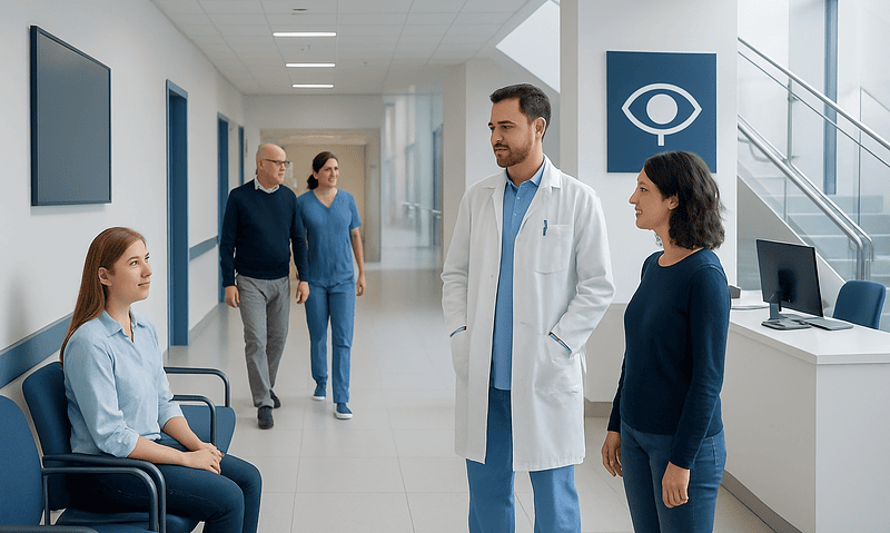 Doctor consulting with patient in hospital corridor with eye care symbol.