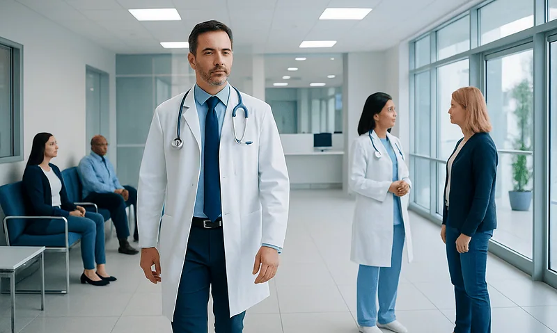 Medical team consulting in a modern hospital corridor.