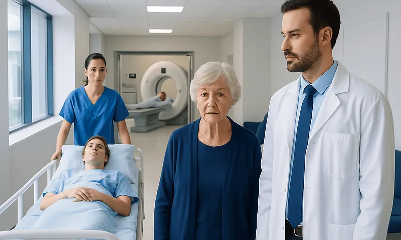 Medical team with elderly patient in hospital corridor near MRI scanner.