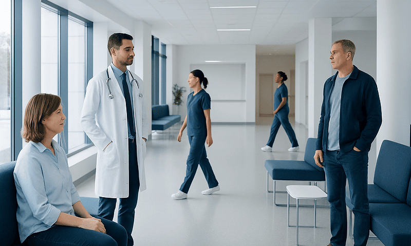 Medical consultation in a modern hospital corridor with healthcare professionals and patient.