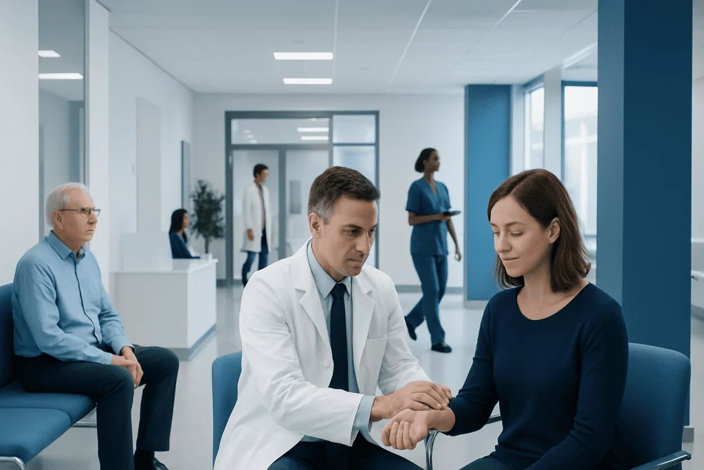 Is Pulse Rate Same As Heart Beat? Causes, Explanations, and Next Steps 1 Doctor shaking hands with a patient in a modern hospital waiting area.
