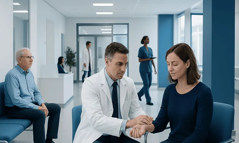 Doctor shaking hands with a patient in a modern hospital waiting area.