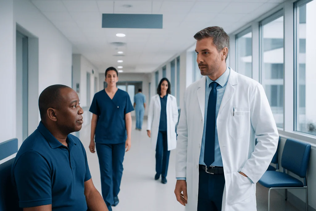 High Estrogen in Males Treatment: How It Works, Results and What to Expect 1 Medical consultation in a hospital corridor with doctors and a patient.