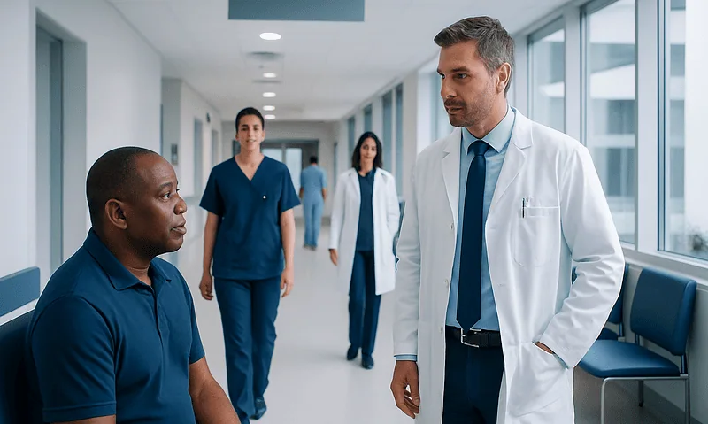 Medical consultation in a hospital corridor with doctors and a patient.