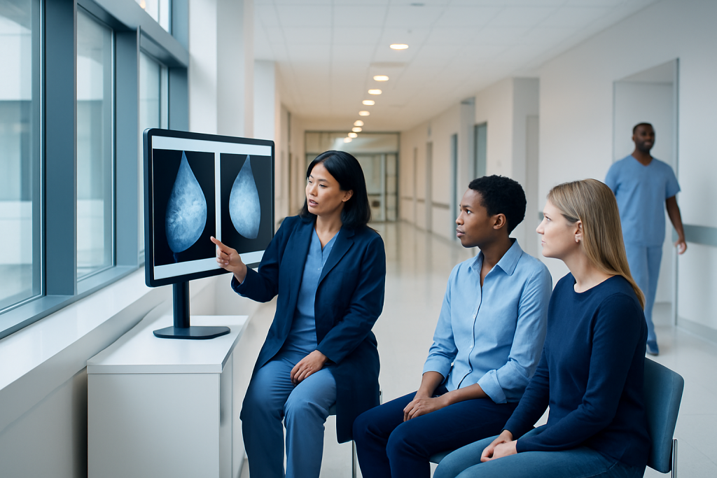 High Risk Breast Cancer Screening Image vs Low Risk: Differences Explained 1 Medical professionals review breast cancer screening images in a hospital corridor.