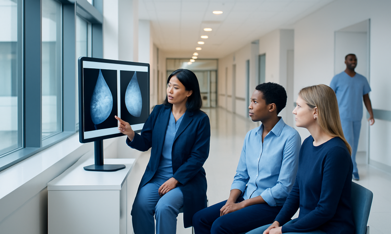 Medical professionals review breast cancer screening images in a hospital corridor.