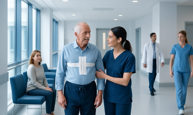 Senior patient with nurse in hospital corridor after open heart surgery.