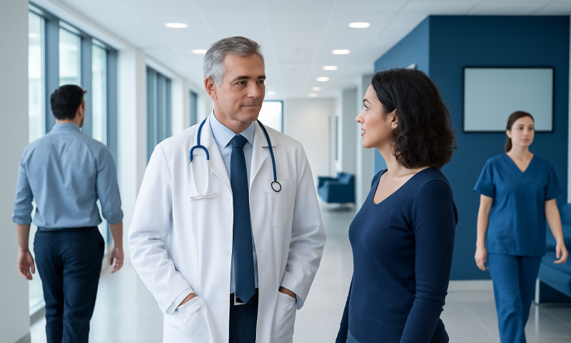 Doctor consulting with a female patient in a modern hospital corridor.