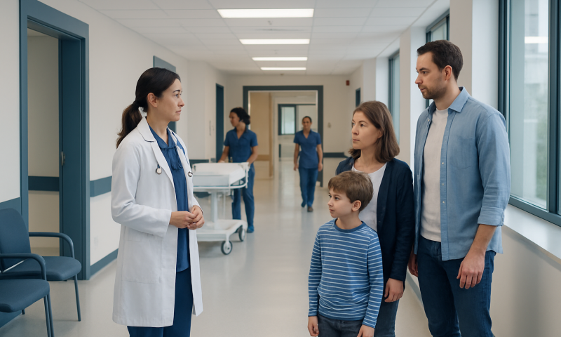 Doctor talking to a family in a hospital corridor at Acibadem Hospitals Group.