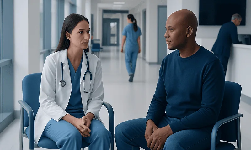 Doctor consulting patient in hospital corridor for bone marrow transplant.