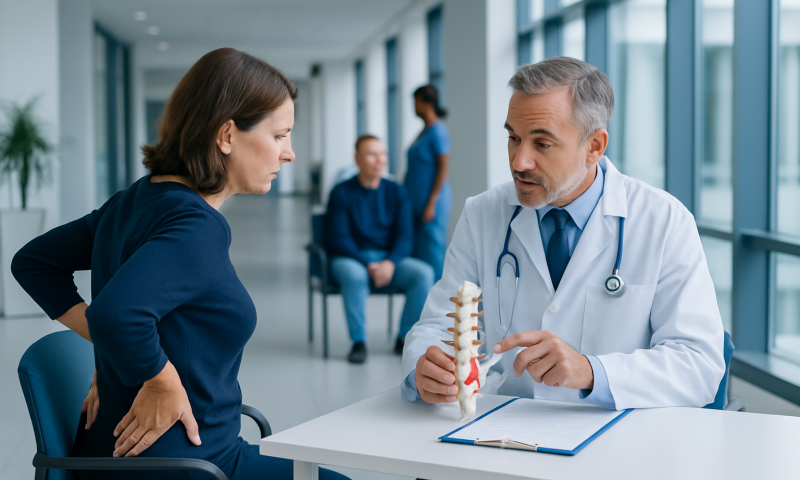Doctor explaining spinal anatomy to a patient in a hospital corridor.