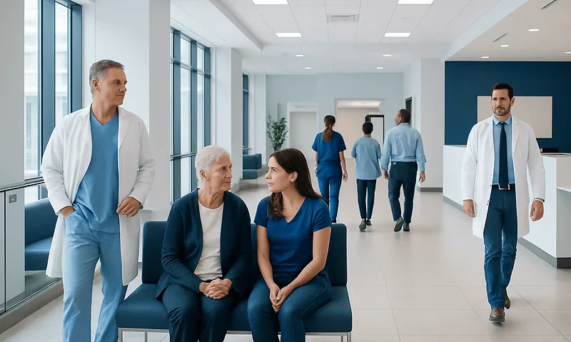 Hospital corridor with doctors and patients engaging in consultation.