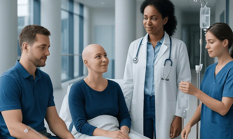 Medical team consulting with a patient in a hospital room.