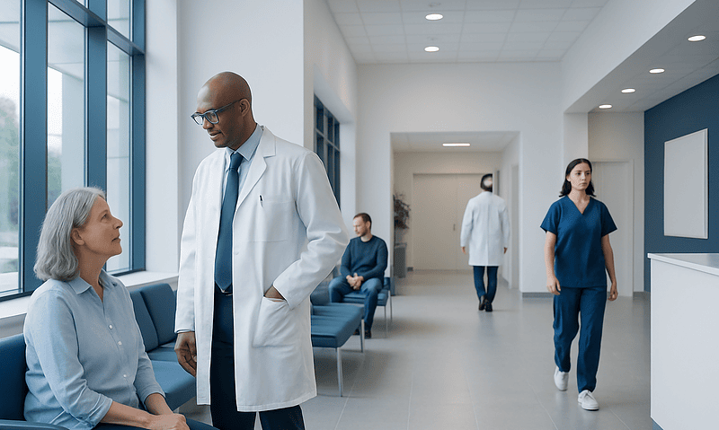 Doctor consulting with elderly patient in hospital corridor.