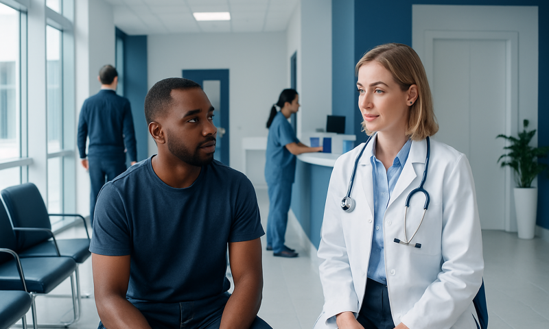 Male patient consulting with a female doctor in a hospital corridor.
