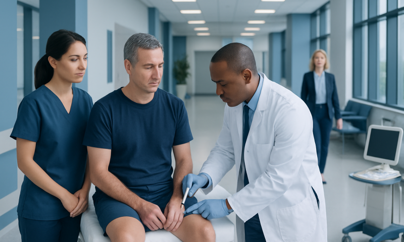 Doctor performing nerve block injection on patient in hospital corridor.