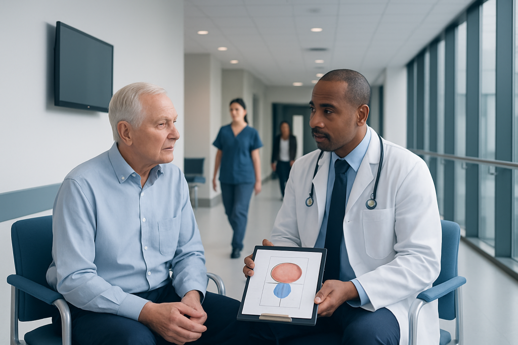 Prostate Cancer Gene Test Helps Patients Decide on Treatment: How It Works, Results and What to Expect 1 Doctor explains prostate cancer gene test to senior patient in hospital corridor.