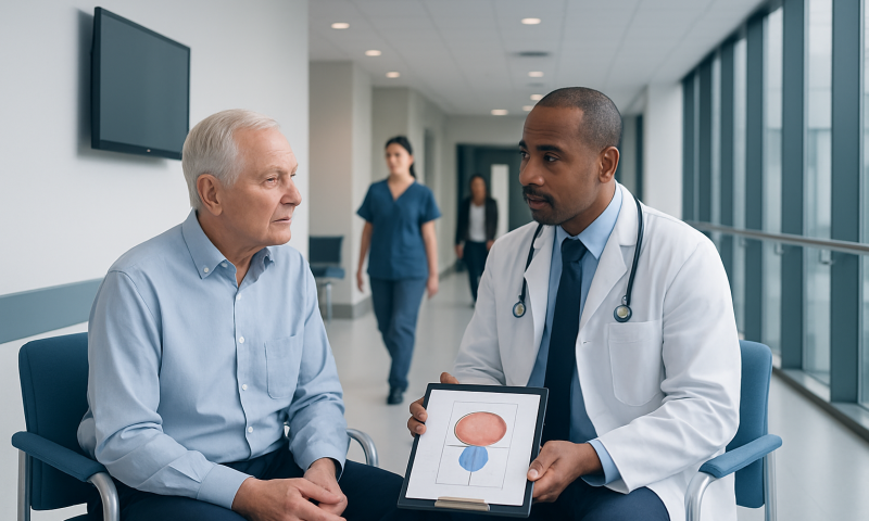 Doctor explains prostate cancer gene test to senior patient in hospital corridor.