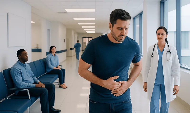Man experiencing abdominal pain in hospital corridor with medical staff nearby.