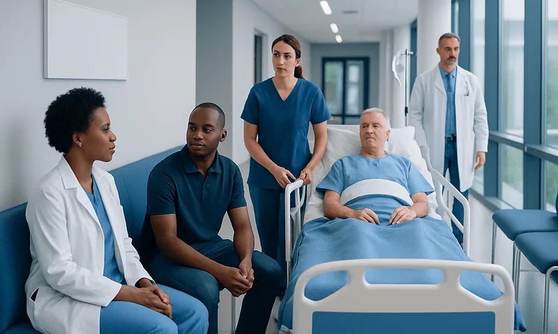Medical team consulting with patient in hospital room.