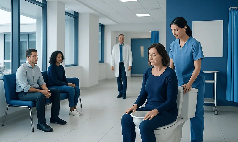 Patient receiving a sitz bath in a hospital setting with medical staff present.