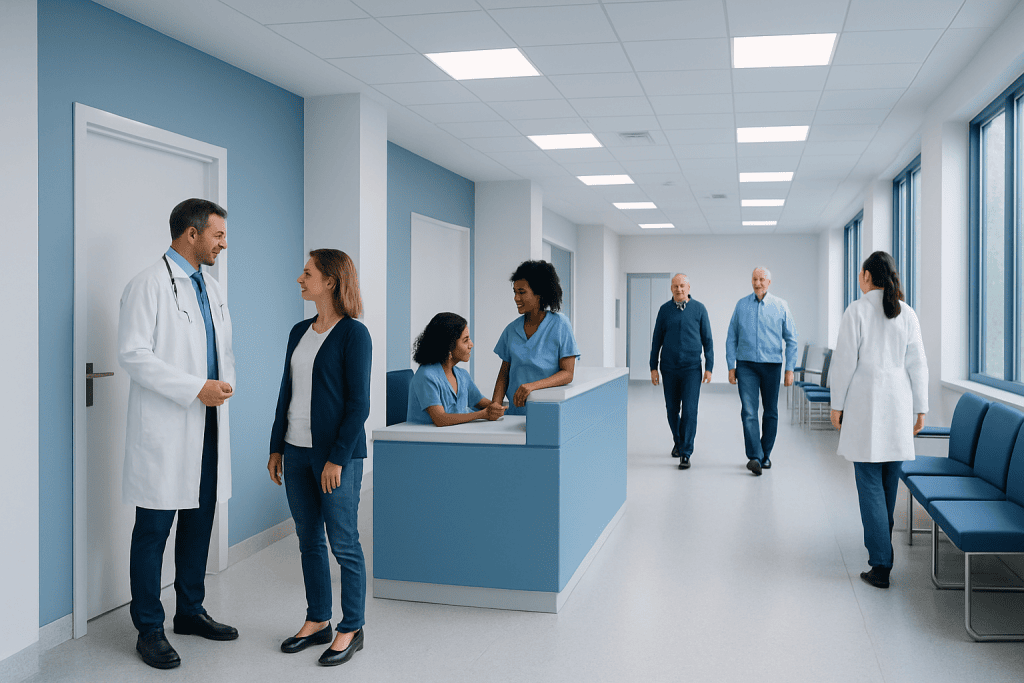 Skin Cancer Treatment Center: How It Works, Results and What to Expect 1 Medical team and patients in a modern hospital corridor.