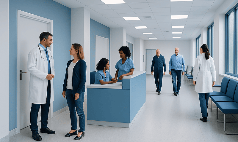 Skin Cancer Treatment Center: How It Works, Results and What to Expect 18 Medical team and patients in a modern hospital corridor.