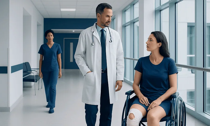 Doctor consulting a patient in a hospital corridor with medical staff in the background.