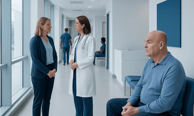 Doctor consulting with a female patient in a hospital corridor.