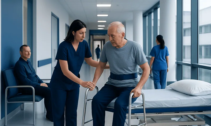 Physical therapist assisting elderly patient in hospital corridor.