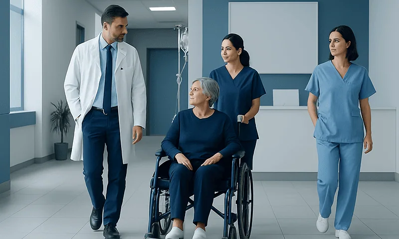 Medical team with elderly patient in hospital corridor.