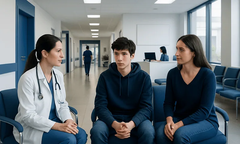 Teenager in consultation with doctor and parent at hospital.
