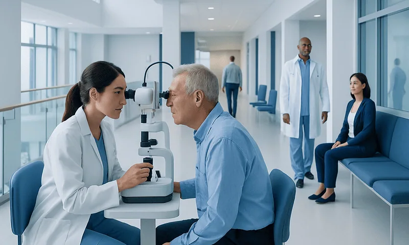 Ophthalmologist examining a patient's eye with a slit lamp in a modern clinic.