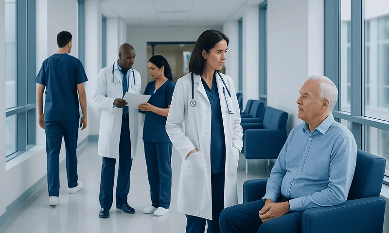 Medical team consulting with a patient in a hospital corridor.