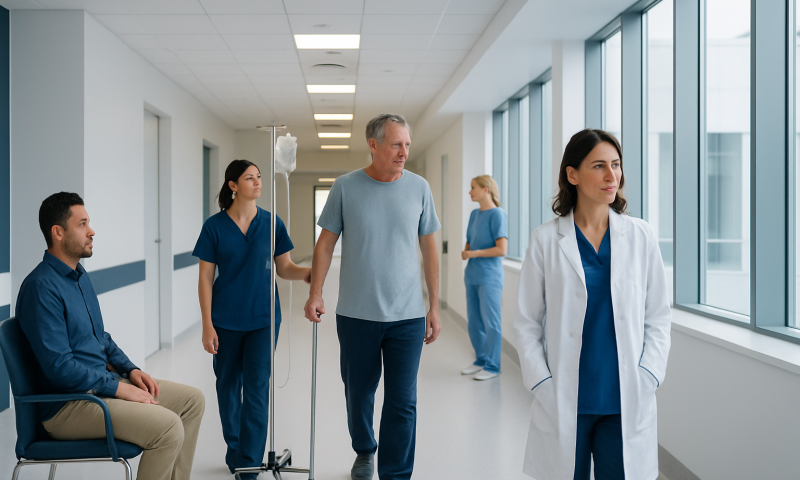 Patient walking with medical staff in hospital corridor.