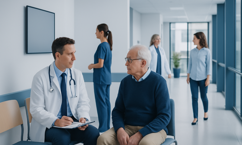 Doctor consulting elderly patient in hospital corridor with staff in background.