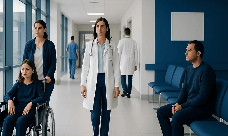 Medical team and patients in a hospital corridor at Acibadem Hospitals Group.