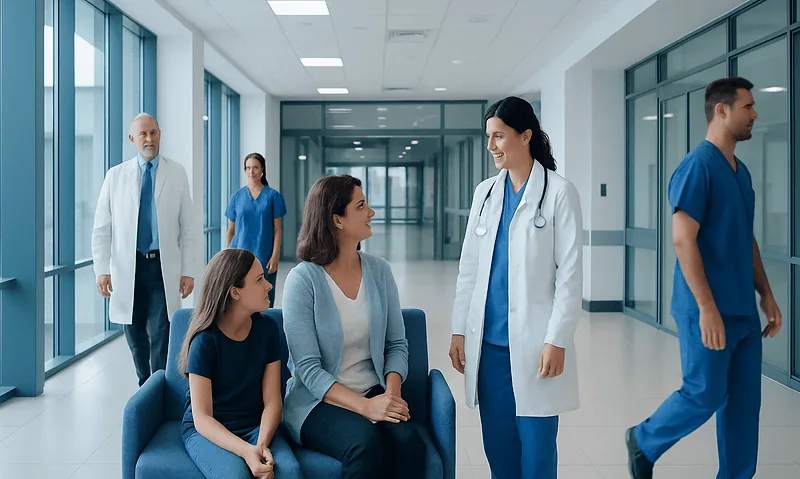 Medical team consulting with a patient in a hospital corridor.