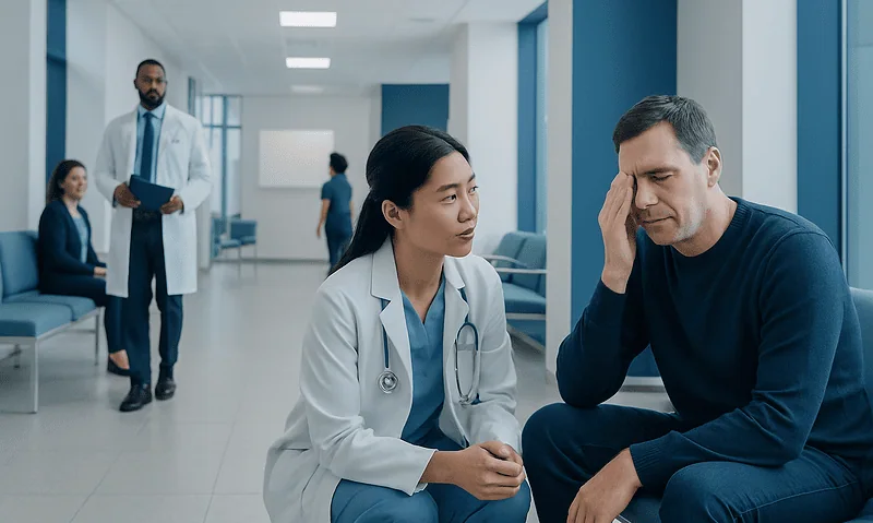 Doctor consulting a patient in a hospital corridor with other staff in the background.