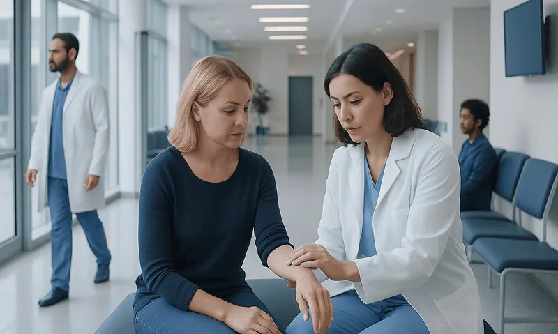 Doctor examining patient's arm in a modern hospital corridor.