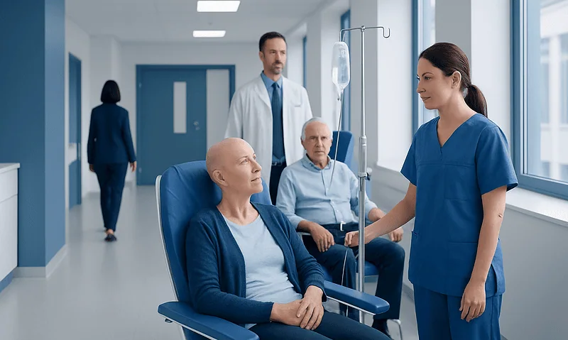 Hospital room with patients and healthcare professionals during treatment.