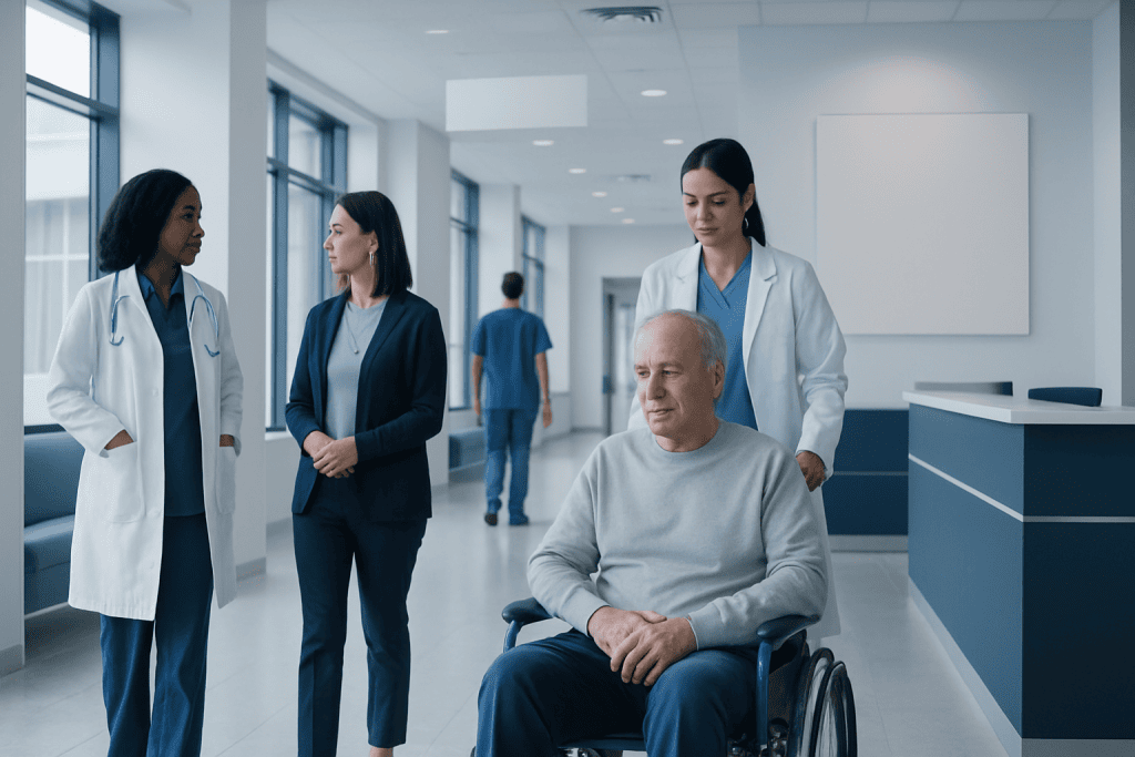 Amyotrophic Lateral Sclerosis Treatment: How It Works, Results and What to Expect 1 Medical team with patient in hospital corridor at Acibadem Hospitals Group.