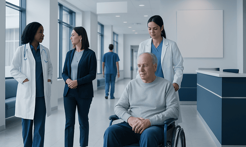 Medical team with patient in hospital corridor at Acibadem Hospitals Group.