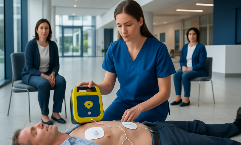 Healthcare professional demonstrates AED use on patient in hospital setting.