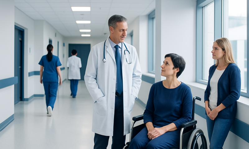 Autologous Stem Cell Transplant: Procedure, Recovery and Results 5 Doctor consulting with a patient in a hospital corridor.