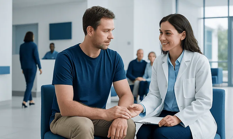 Doctor consulting with a patient in a modern hospital waiting area.