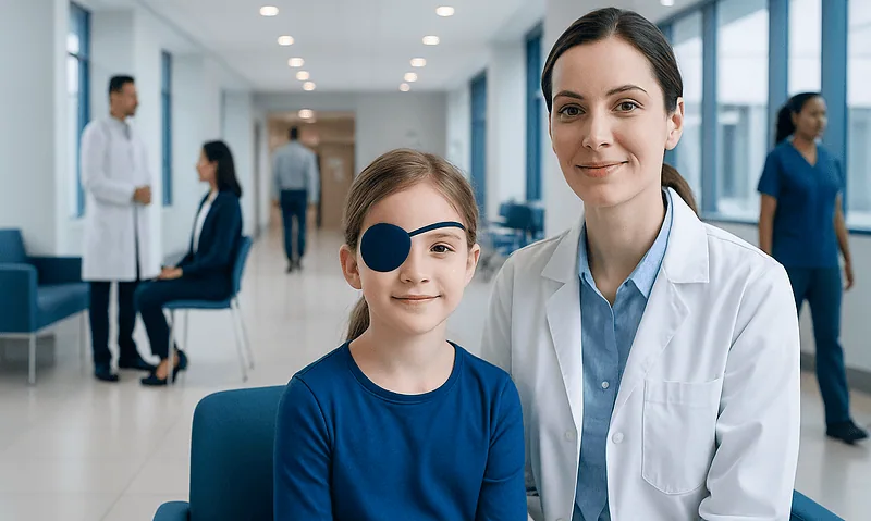 Child with eye patch receiving amblyopia treatment from a doctor in hospital.
