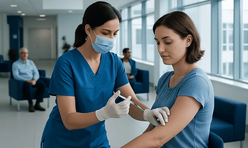Nurse administering an intramuscular injection to a patient in a hospital corridor.